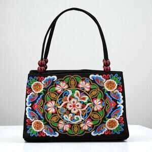 Ethnic Floral Embroidered Handbag Wood Bead Handles Boho Shoulder Bag